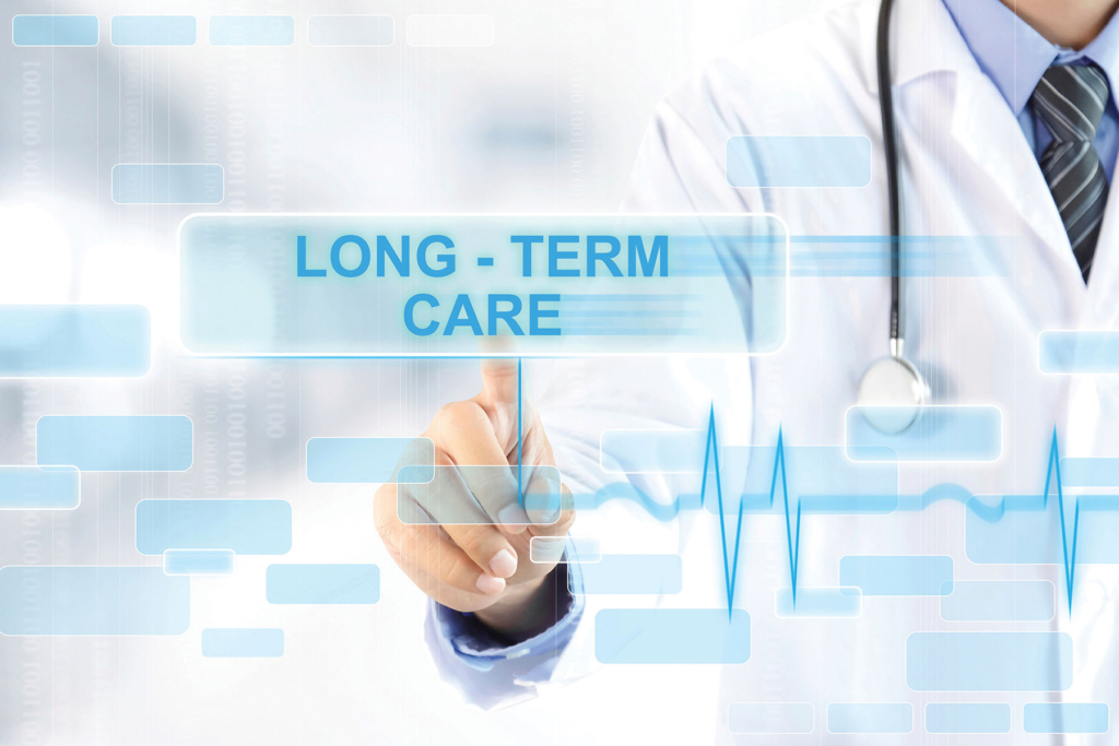 A graphic of a doctor touching a screen with the words long-term care on it.